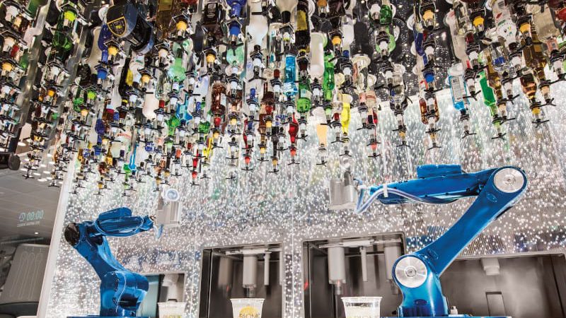 HM, Harmony of the Seas, OOH, Bionic Bar, technology, robots, robotic bartender, mixing drinks, serving, bottles hanging above,